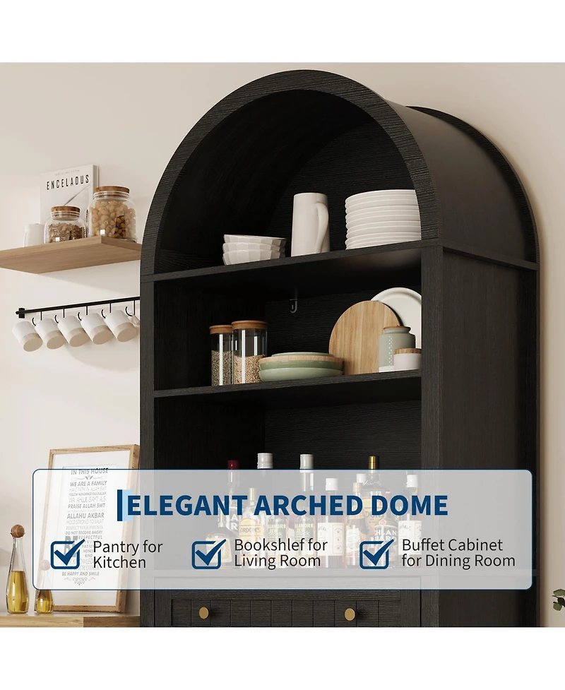 homfan 73 Inch Tall Arched Pantry Cabinet with Drawer, Farmhouse Storage Hutch, Adjustable Shelves for Kitchen and Living Room