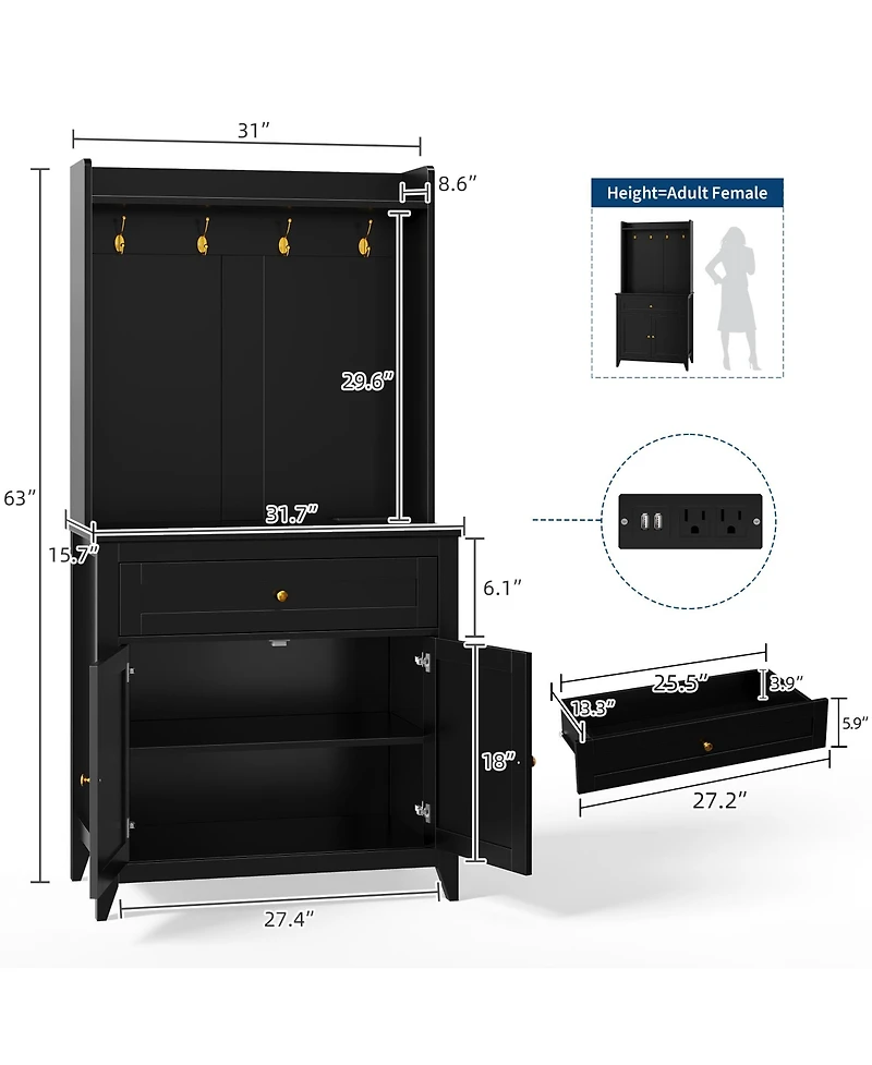 homfan Pantry Storage Cabinet with Built Outlets and Usb Ports, Adjustable Shelving, Drawer Hooks Durable Kitchen Coffee Bar Organizer