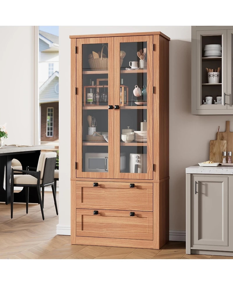 homfan 71 Inch Tall Kitchen Pantry Cabinet with Glass Doors, 2 Drawers and Adjustable Shelves
