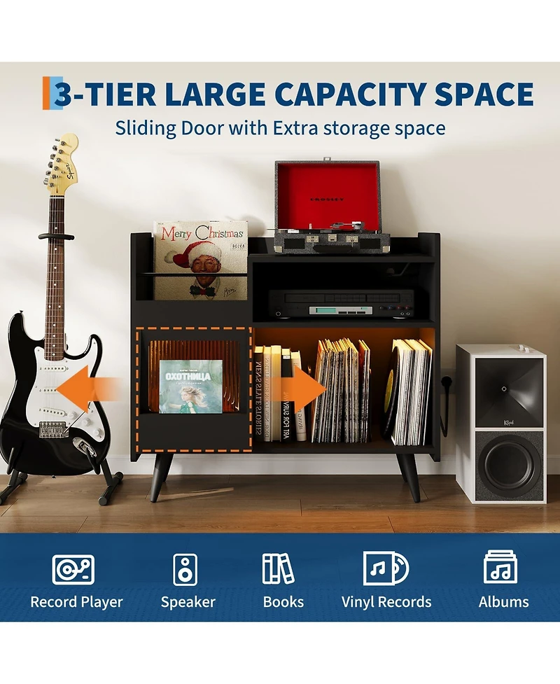 homfan Record Player Stand with Led Lights, Charging Station and Sliding Door, Holds Up to 350 Vinyl Albums