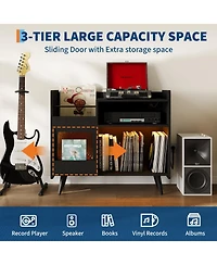 homfan Record Player Stand with Led Lights, Charging Station and Sliding Door, Holds Up to 350 Vinyl Albums