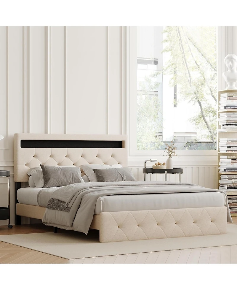 homfan Modern Upholstered Queen Bed Frame with Led Light, Low Profile Platform Bed, Adjustable Button Tufted Headboard and Wood Slat Support