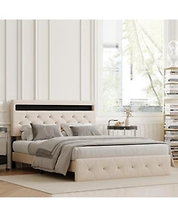 homfan Modern Upholstered Queen Bed Frame with Led Light, Low Profile Platform Bed, Adjustable Button Tufted Headboard and Wood Slat Support