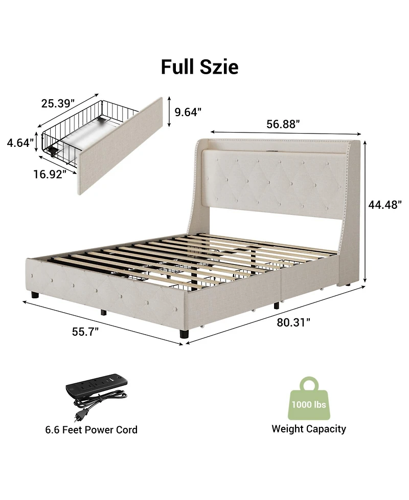 homfan Full Upholstered Bed Frame with 4 Storage Drawers, Headboard Storage Shelf, Charging Station and Wingback, No Box Spring Needed