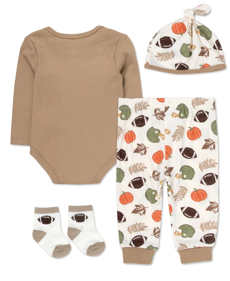 Baby Essentials Boys' Football Nap Repeat Bodysuit, Jogger Pants, Socks and Beanie, 4-Piece Set