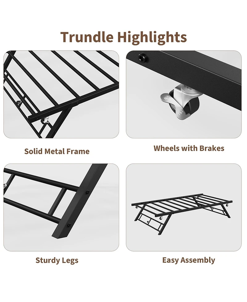 homfan Twin Size Pop Up Trundle Bed Frame with Lockable Casters, Foldable Metal Platform Bed for Guest Room
