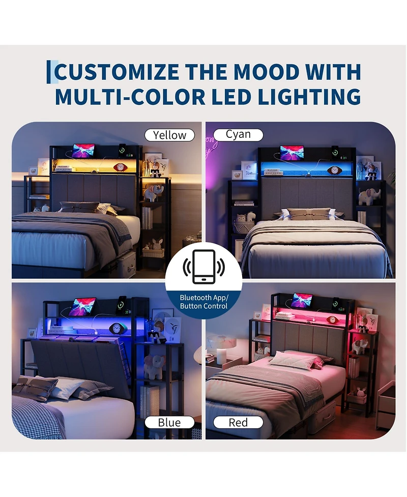 homfan Twin Upholstered Bed Frame with Hidden Headboard Storage, Led Lights, Charging Station, Side Shelves and Footboard Storage