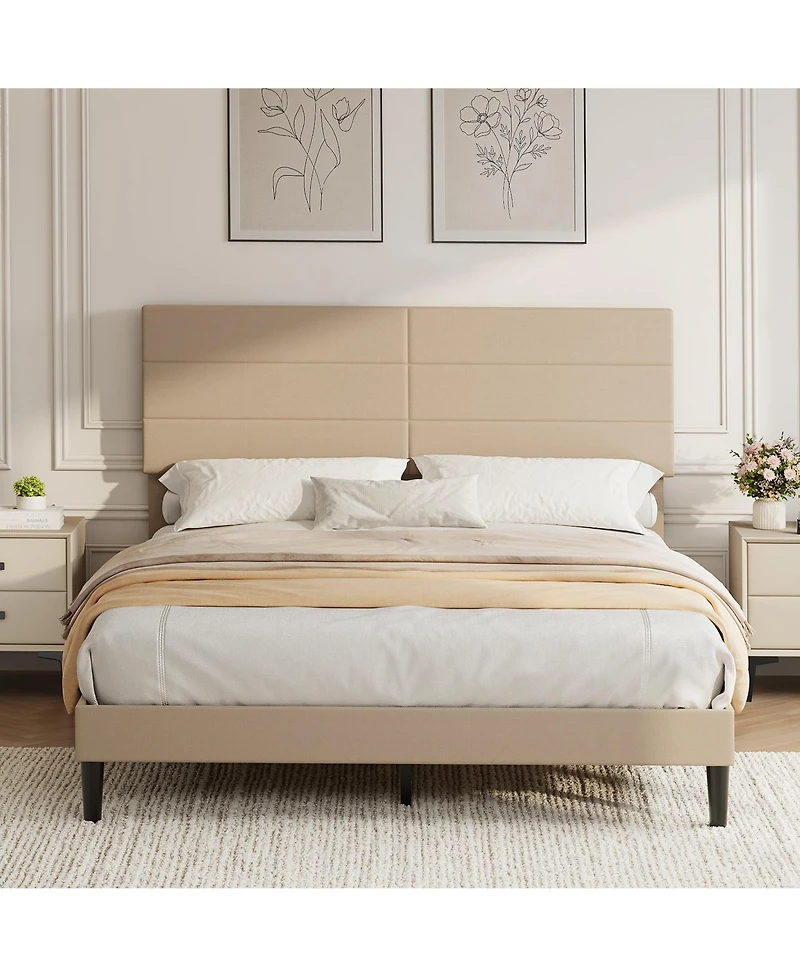 homfan Queen Size Bed Frame with Adjustable Headboard, Upholstered Platform Bed with Wood Slat Support, No Box Spring Needed