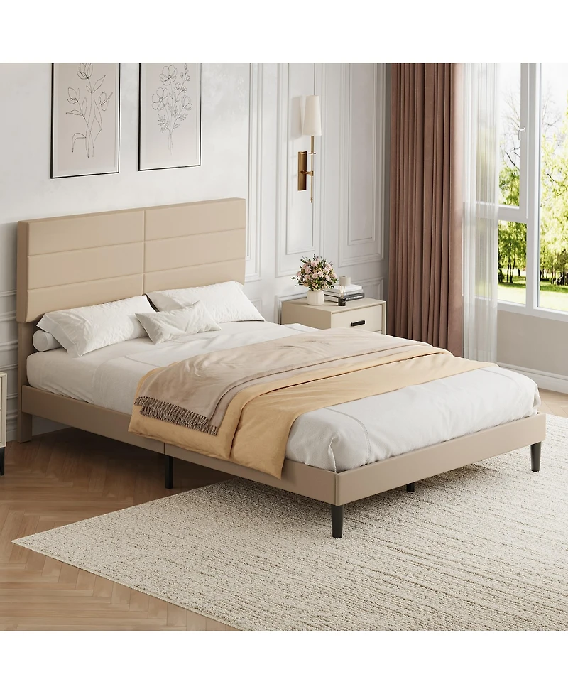 homfan Queen Size Bed Frame with Adjustable Headboard, Upholstered Platform Bed with Wood Slat Support, No Box Spring Needed