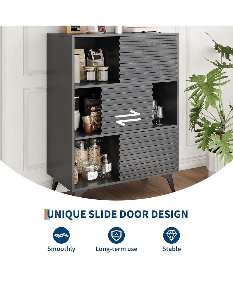 homfan Fluted Storage Cabinet with Sliding Doors, Tall Floor Adjustable Shelves for Living Room, Kitchen, Entryway