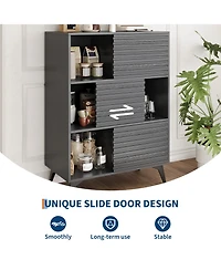 homfan Fluted Storage Cabinet with Sliding Doors, Tall Floor Adjustable Shelves for Living Room, Kitchen, Entryway
