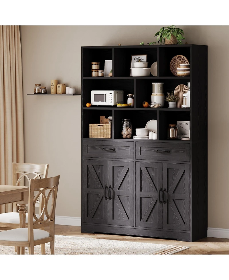 homfan 71 Inch Tall Bookcase with 8 Open Cubbies, 2 Drawers and 4 Doors, 6-Tier Wood Display Cabinet for Living Room Office