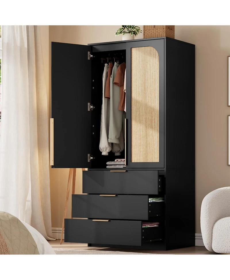 homfan Wooden Wardrobe Armoire, 69 Inch Wood Closet with Rattan Doors and Hanging Rod for Bedroom