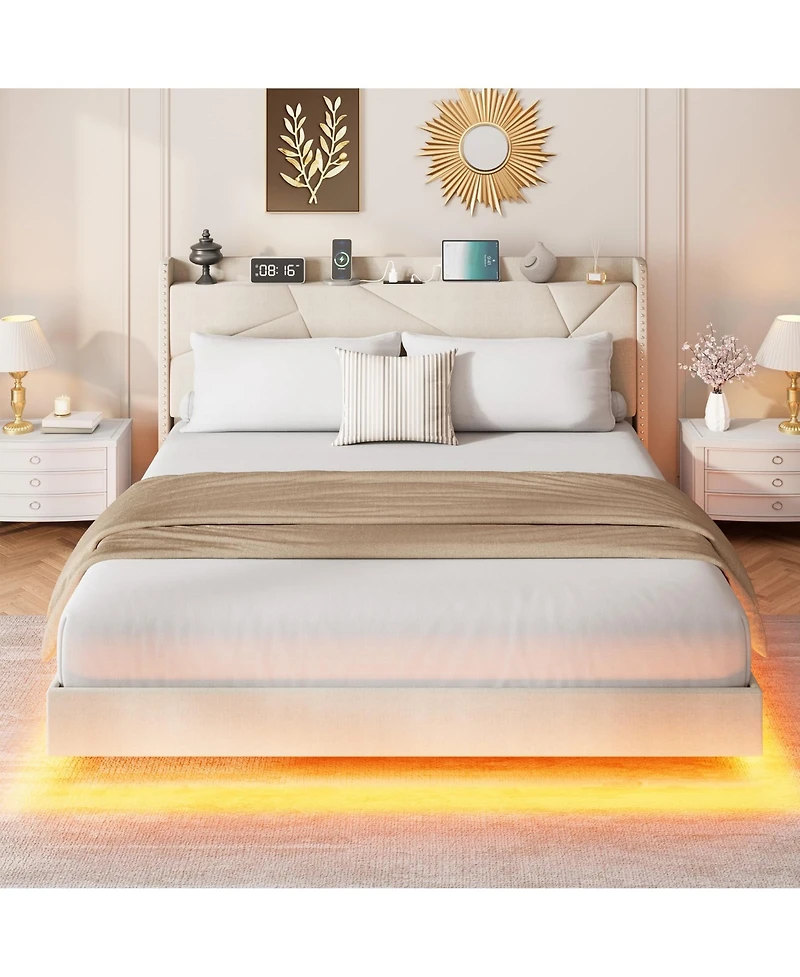 homfan Modern Floating Bed with Led Lights, Charging Station, Upholstered Platform, Storage Headboard, Metal Slats, No Box Spring Needed