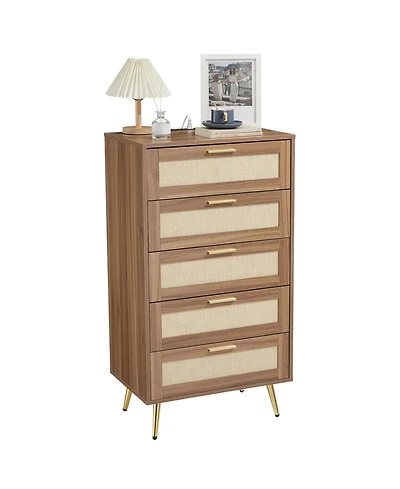 homfan 5-Drawer Rattan Dresser with Woven Panels and Metal Handles, Splayed Legs, for Bedroom, Entryway Living Room, Available Multiple Colors