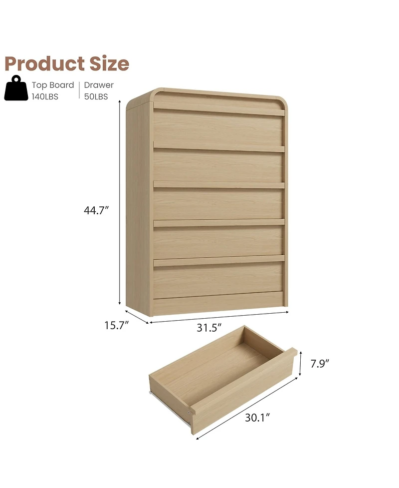 homfan Modern Arched 5-Drawer Dresser, 45" Tall Freestanding Storage Chest with Large Drawers, Mdf Construction, Bedroom and Living Room