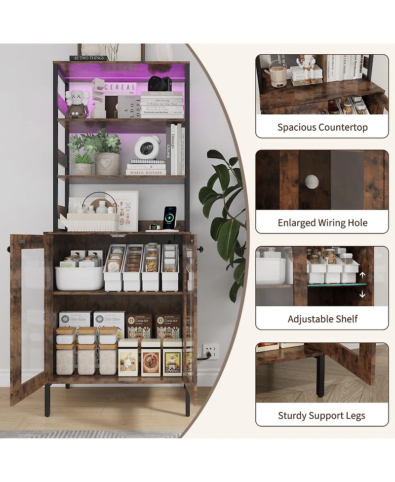 homfan 67-Inch Farmhouse Bakers Rack with Power Outlet and Led Lights, Coffee Bar Cabinet Storage