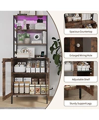 homfan 67-Inch Farmhouse Bakers Rack with Power Outlet and Led Lights, Coffee Bar Cabinet Storage