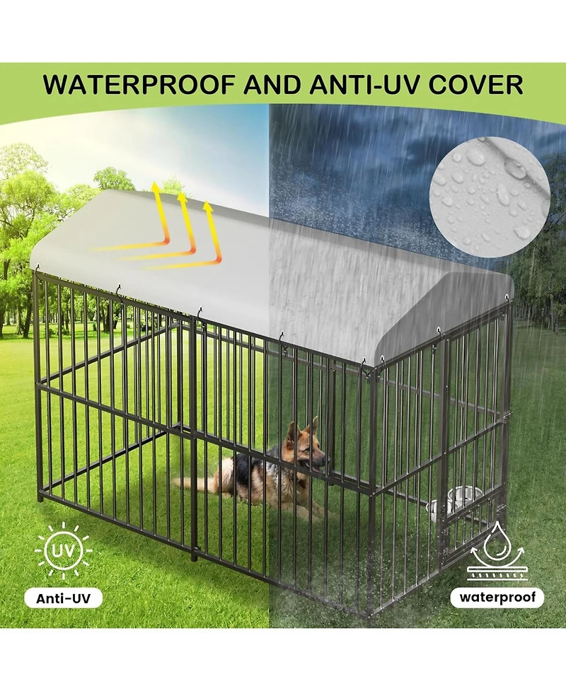 homfan Outdoor Dog Kennel Heavy Duty Metal Cage with Waterproof Roof and Security Lock, Feeding Door and Bowl for Large Dogs