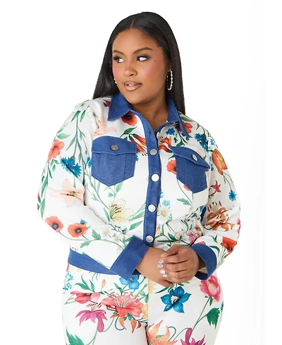 Ashley Stewart Plus Women's Denim Trimmed Floral Print Jacket