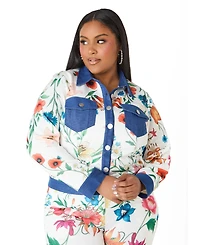 Ashley Stewart Plus Women's Denim Trimmed Floral Print Jacket