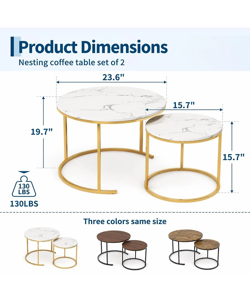 homfan Round Nesting Coffee Table Set of 2, for Living Room, Space Saving Tables with Faux Marble Top, Metal Frame