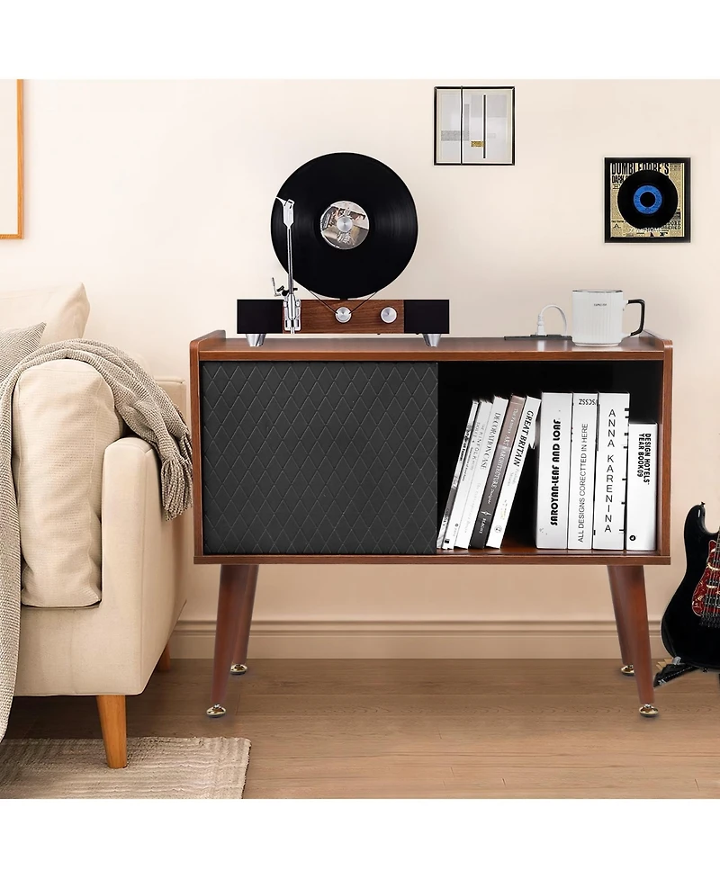 homfan Rustic Wooden Record Player Stand with Sliding Door and Led Light - Turntable Cabinet Table with Power Outlet