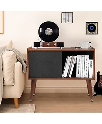 homfan Rustic Wooden Record Player Stand with Sliding Door and Led Light - Turntable Cabinet Table with Power Outlet