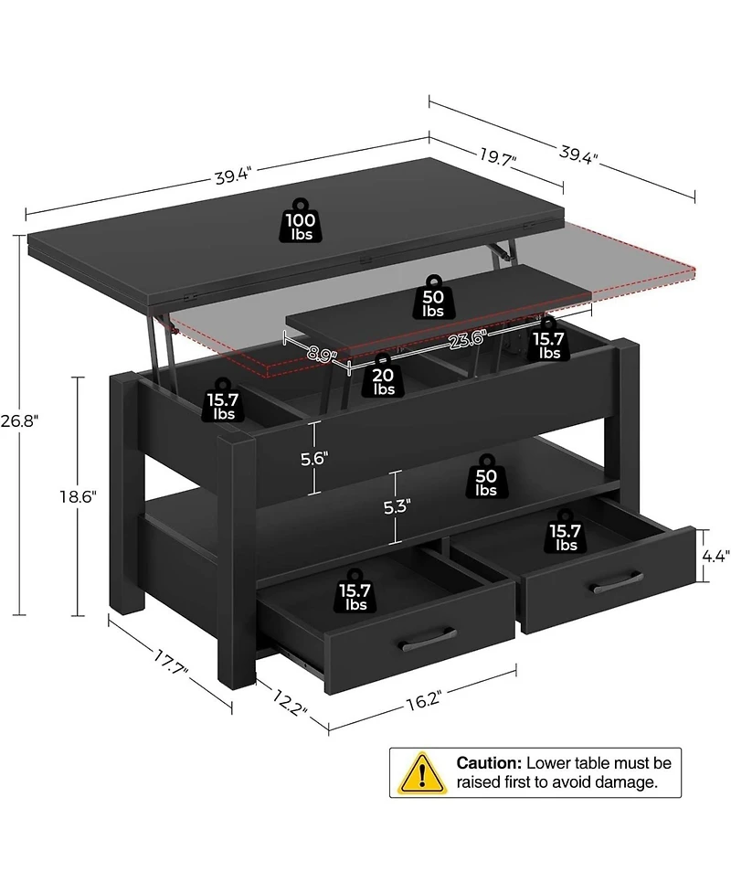 homfan Lift Top Coffee Table with Storage, Split Lift Design, 2 Drawers and Hidden Compartment, Center Table with Adjustable Height Wooden Tabletop