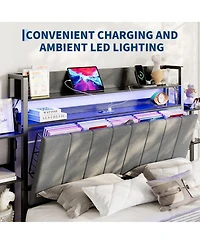 homfan Full Upholstered Bed Frame with Hidden Headboard Storage Cabinet, Top Shelf, Led Lights, Charging Station, Pull Out Footboard Storage