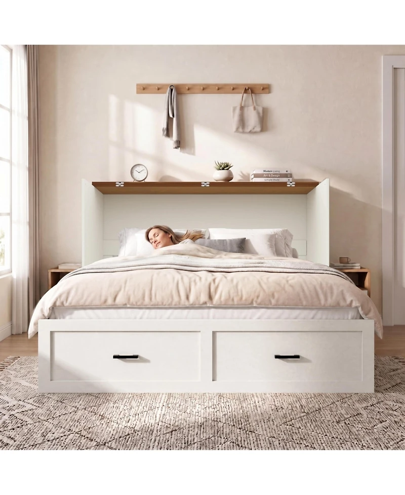 homfan Murphy Chest Bed with Drawer and Charging Station, Farmhouse Space Saving Hidden Folding Bed, Storage Cabinet Bed for Bedroom Office