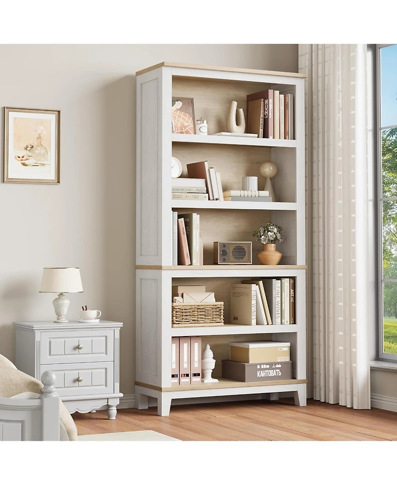 64.15 71" Farmhouse Bookcase with Adjustable Shelves 31.5" Wide 5 Tier Tall Bookshelf with Wooden Legs for Living Room Office Library