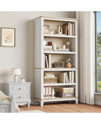 64.15 71" Farmhouse Bookcase with Adjustable Shelves 31.5" Wide 5 Tier Tall Bookshelf with Wooden Legs for Living Room Office Library