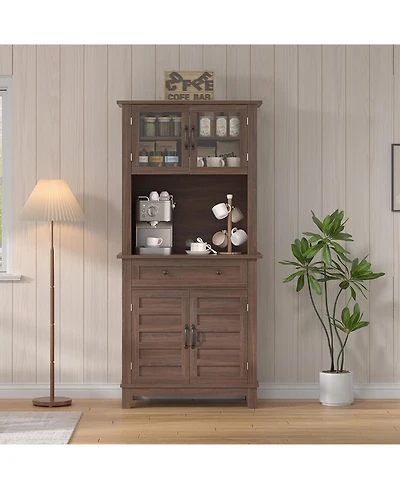 homfan 72" Farmhouse Coffee Bar Cabinet with Glass Doors, Drawer and Microwave Storage