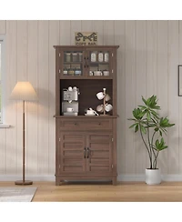 homfan 72" Farmhouse Coffee Bar Cabinet with Glass Doors, Drawer and Microwave Storage