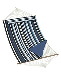 GarveeLife Double Outdoor Hammock Quilted Hammock with Spreader Bar and Removable Pillow Adjustable Steel Frame Cotton Rope and Polyester Pad