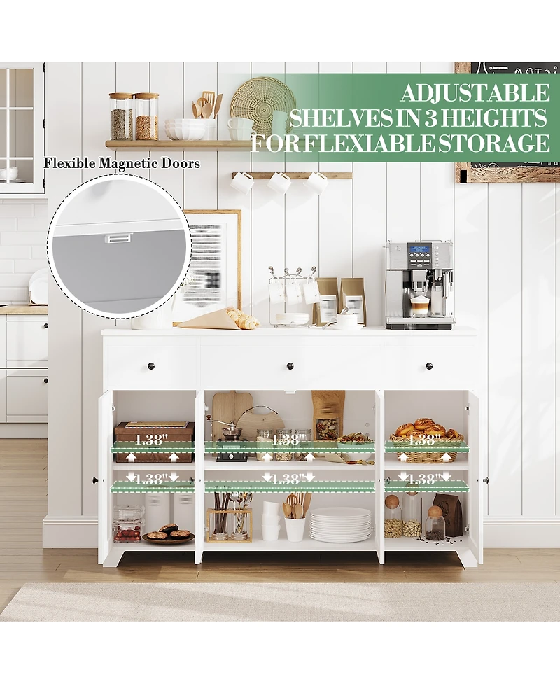 homfan 55" Buffet Cabinet Farmhouse Sideboard with 3 Drawers and 4 Doors, Coffee Bar Storage with Adjustable Shelf