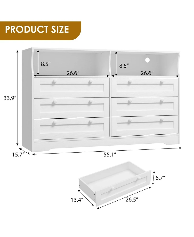 homfan Modern 6 Drawer Dresser with Led Lights and Power Outlet, Wooden Entryway Storage Cabinet and Tv Stand, Spacious Organizer for Bedroom
