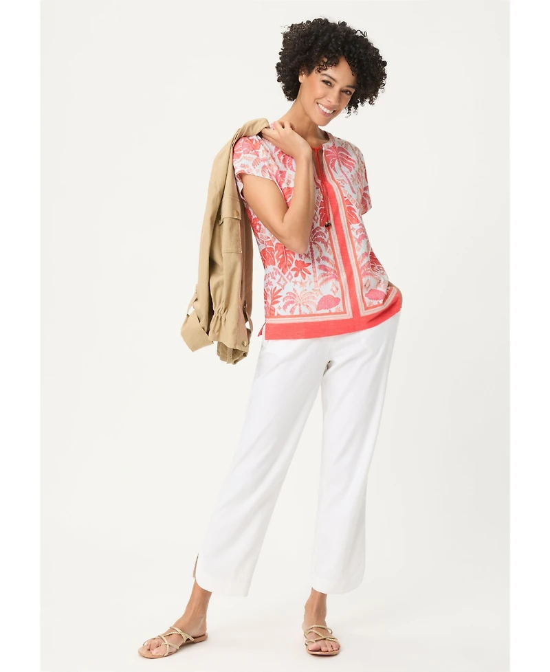 Olsen Women's Ornamental Botanic Print Split Neck T-Shirt