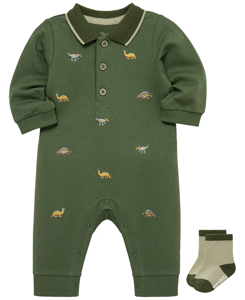 Little Me Baby Girls' Dinos Long-Sleeve Coverall and Socks, 2-Piece Set