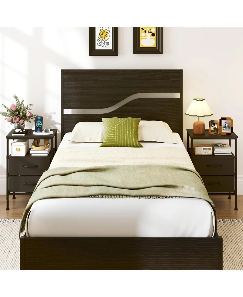 Slickblue Modern Nightstand with Charging Ports and 2 Fabric Drawers