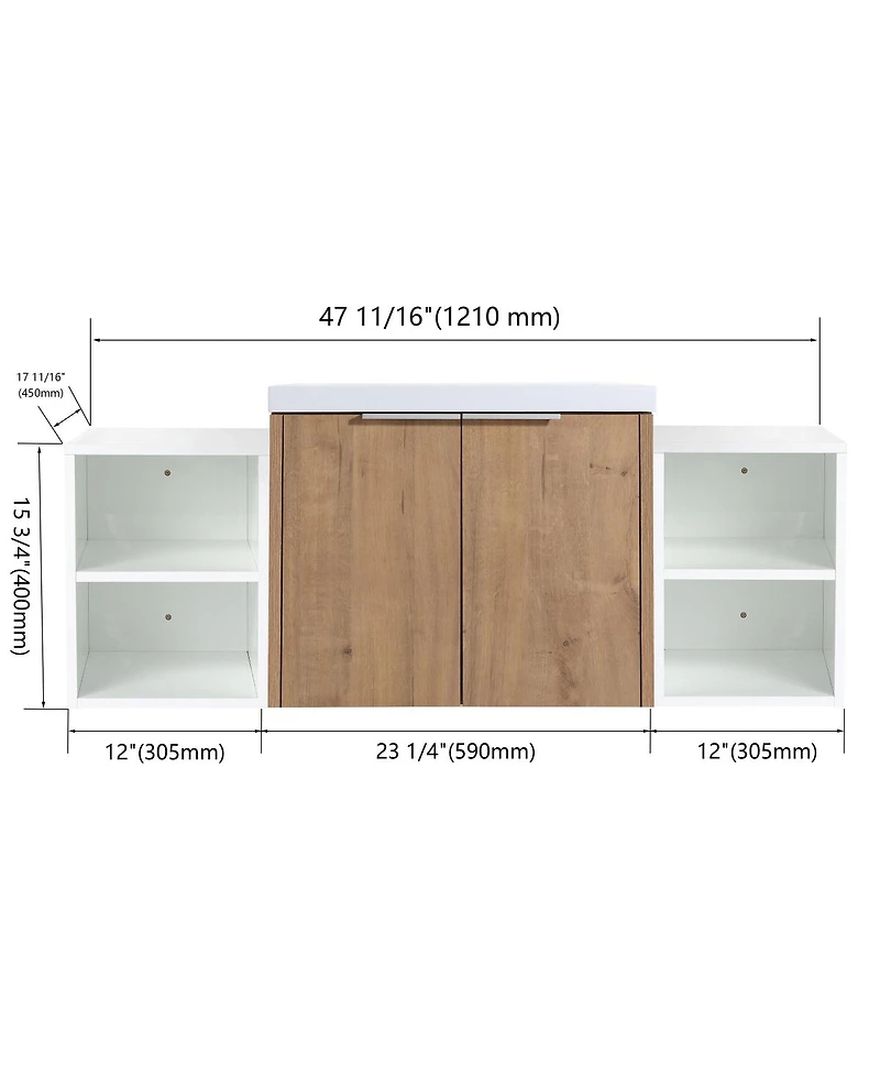 Sillysis 47.6 Inch Wall Mounted Bathroom Vanity with Resin Sink, Plywood Cabinet, Open Storage Shelves for Modern Bathrooms