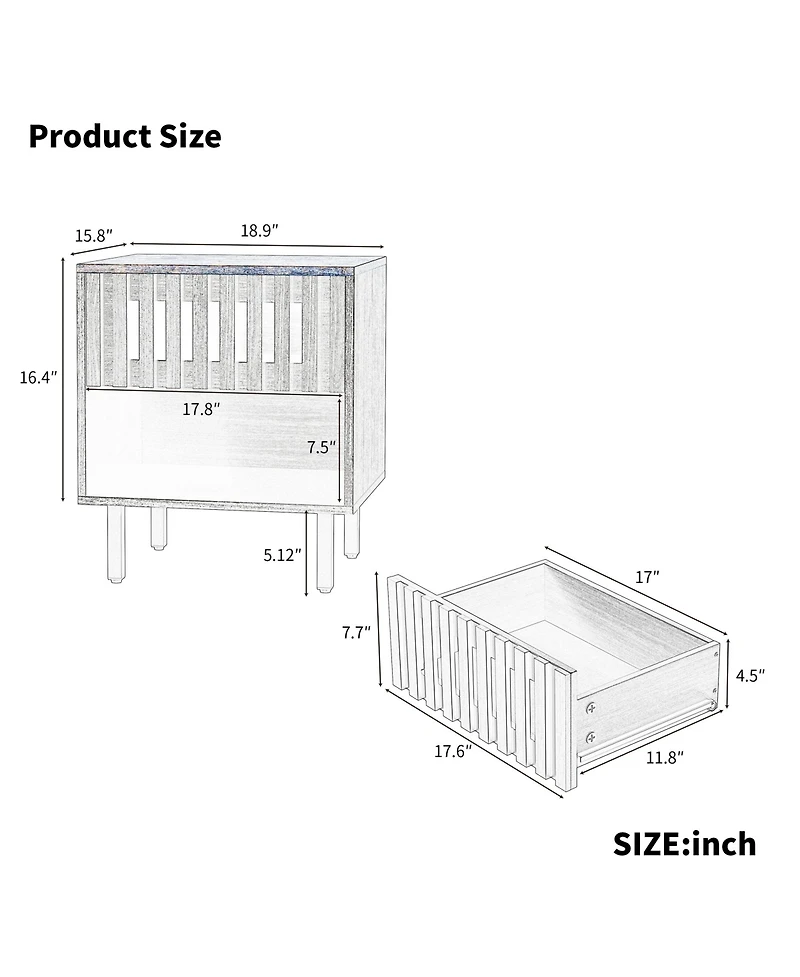 Clihome 2 Set Nightstands with Grille Striped Doors, Bedside Table with Slatted Drawer Decor, Metal Legs