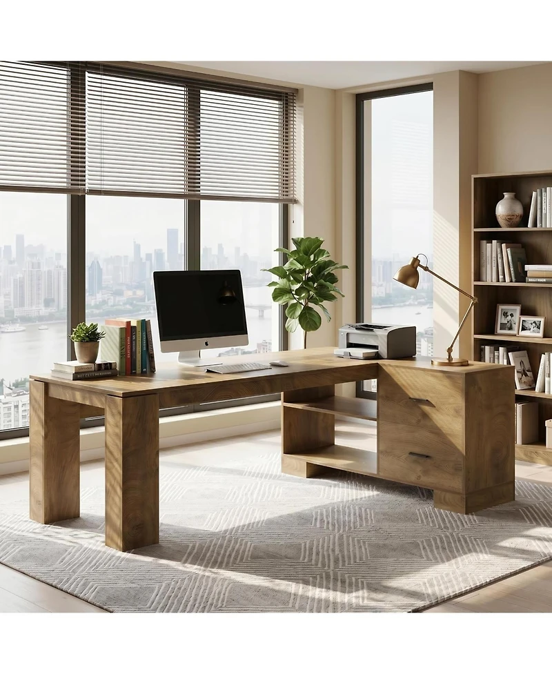 Tribesigns 78.7" L Shaped Office Desk with Drawers,Executive Computer Desk with Open Shelves Storage,Farmhouse Wooden Desks Business Furniture
