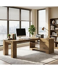Tribesigns 78.7" L Shaped Office Desk with Drawers,Executive Computer Desk with Open Shelves Storage,Farmhouse Wooden Desks Business Furniture