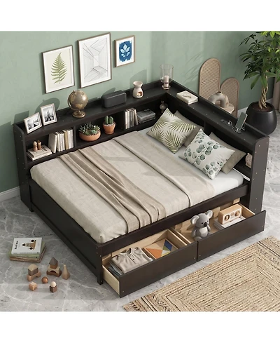 Sailvan L-shaped Bookcases Bed with Power Outlets, Usb Charging Ports,Two Drawers