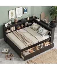 Sailvan L-shaped Bookcases Bed with Power Outlets, Usb Charging Ports,Two Drawers