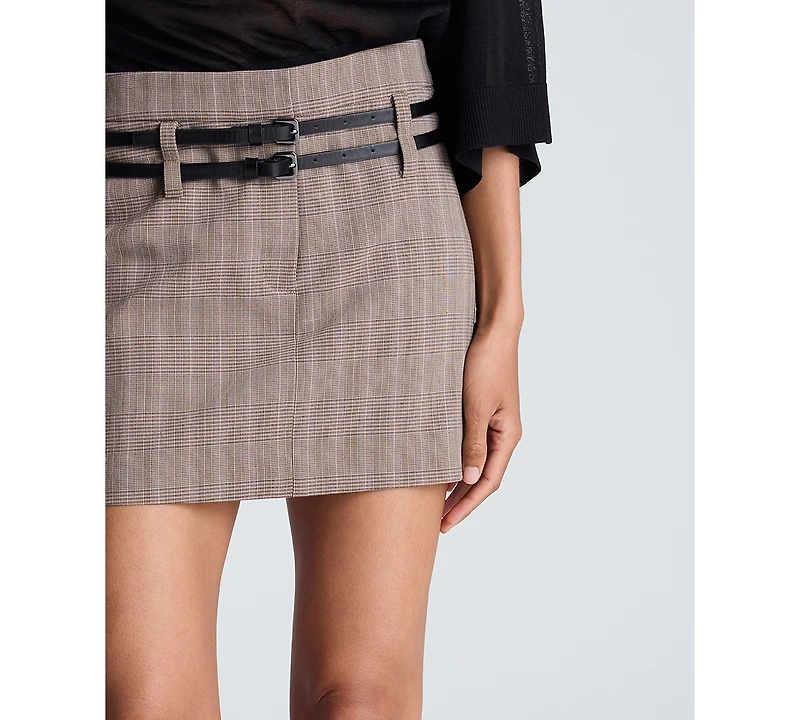 Kenneth Cole Women's Plaid Fly-Front Double-Belt Mini Skirt