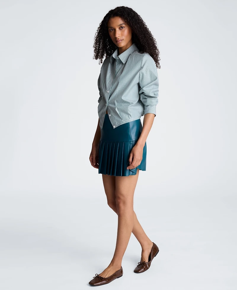 Kenneth Cole Women's Striped Shoulder Pads Button-Down Crop Shirt