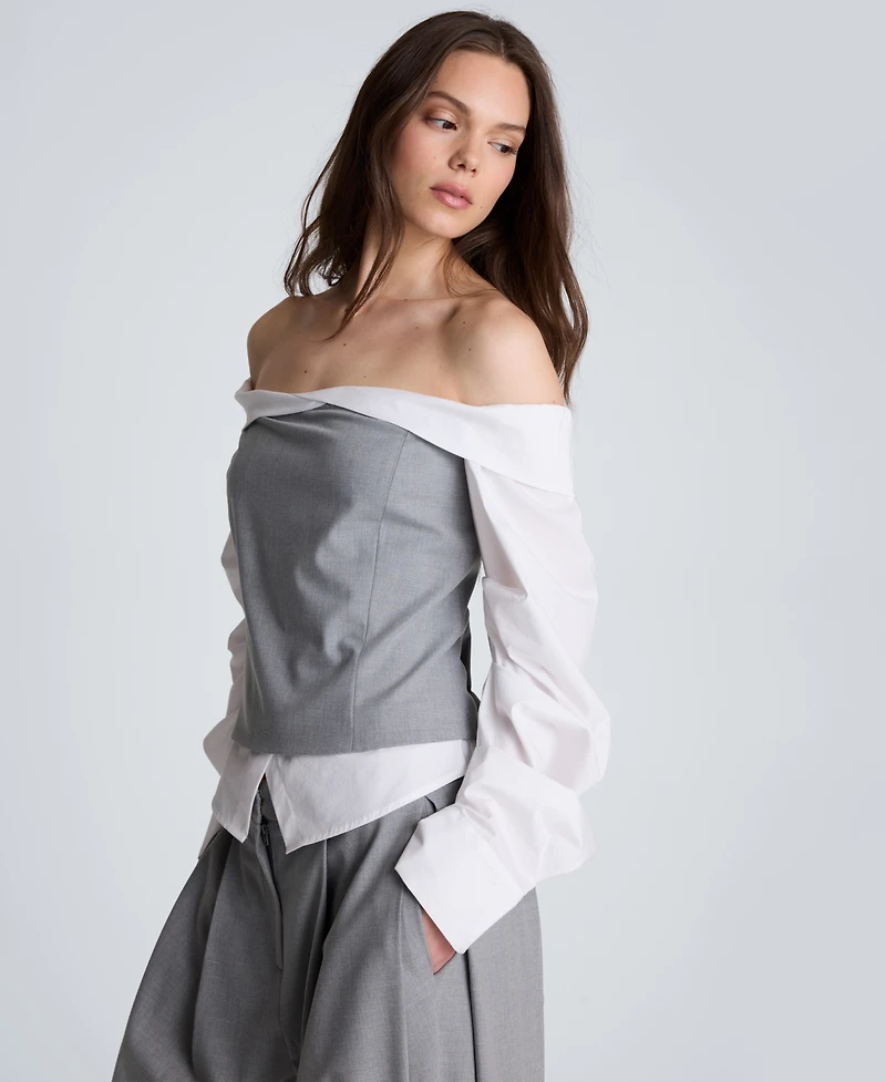 Kenneth Cole Women's Off-The-Shoulder Pleated-Sleeve Bustier Shirt